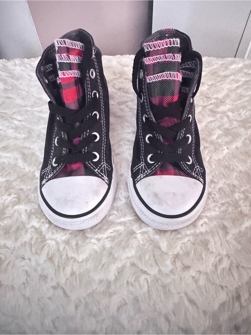 Converse All Star Kids Black Canvas High-Top Sneakers with Plaid Lining